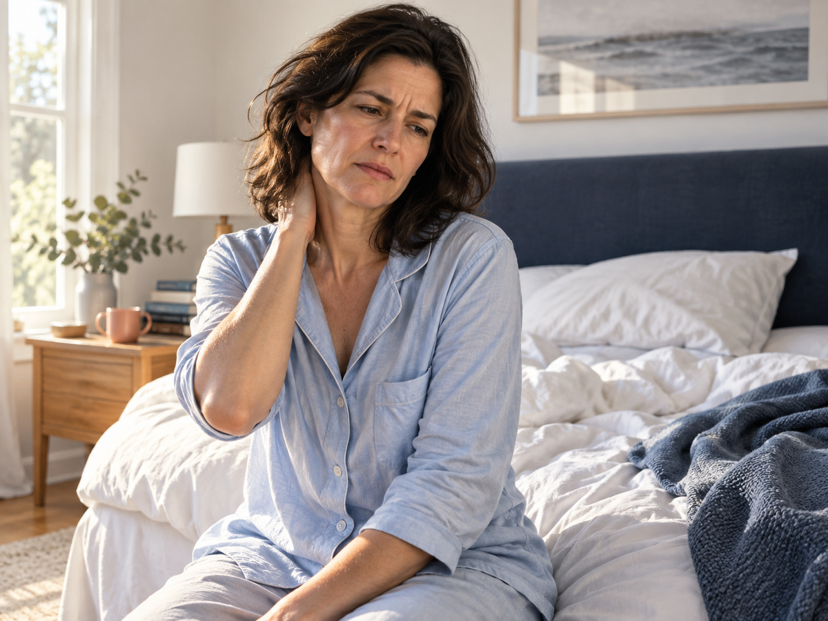 Woman sitting on her bed with a hand resting on the back of her neck.