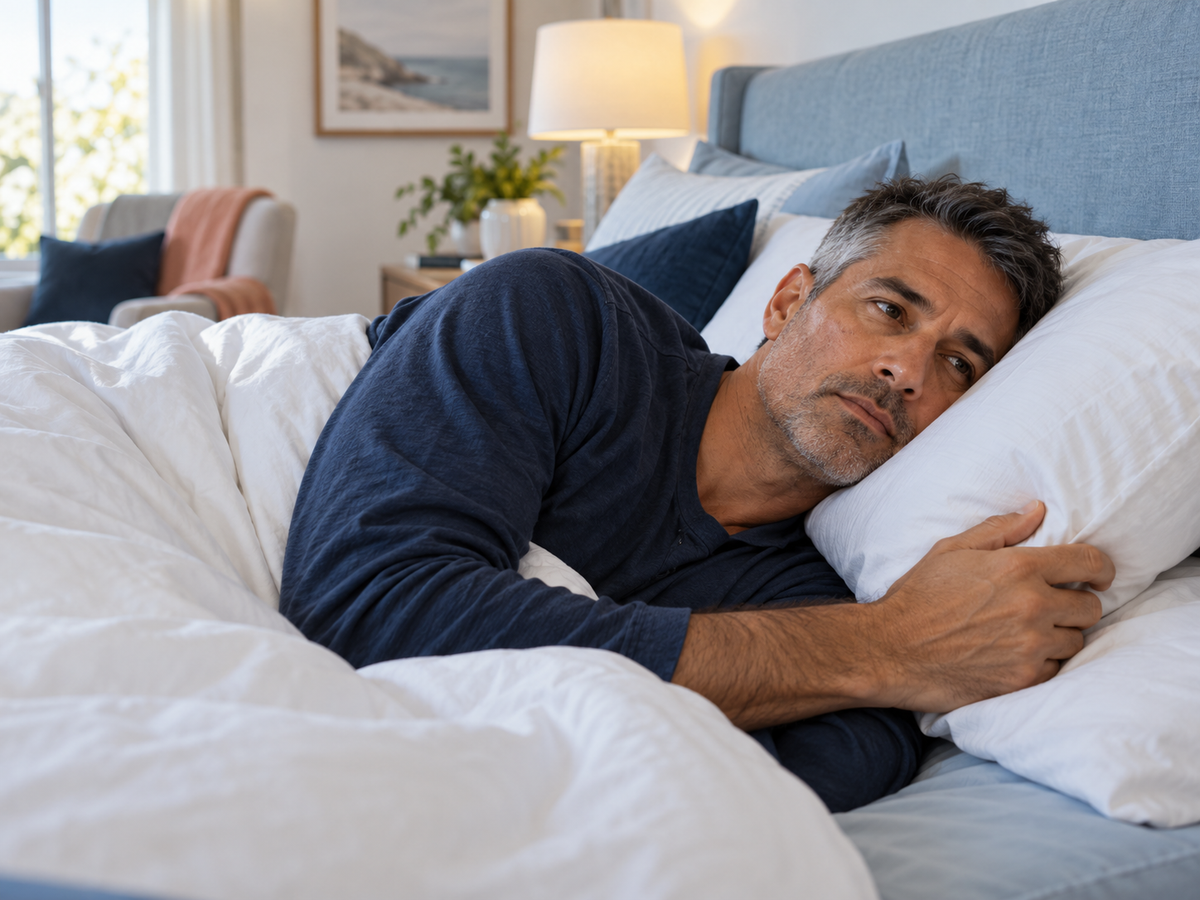 Man lying on his side and adjusting his pillow in a bright bedroom.