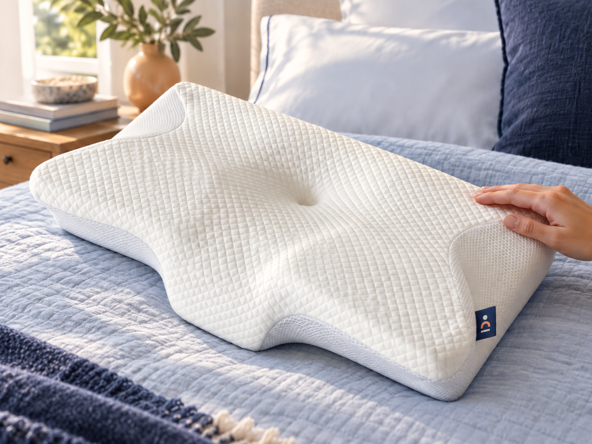 Close view of the white Sleep Anatomy contoured pillow with a hand touching its quilted edge.